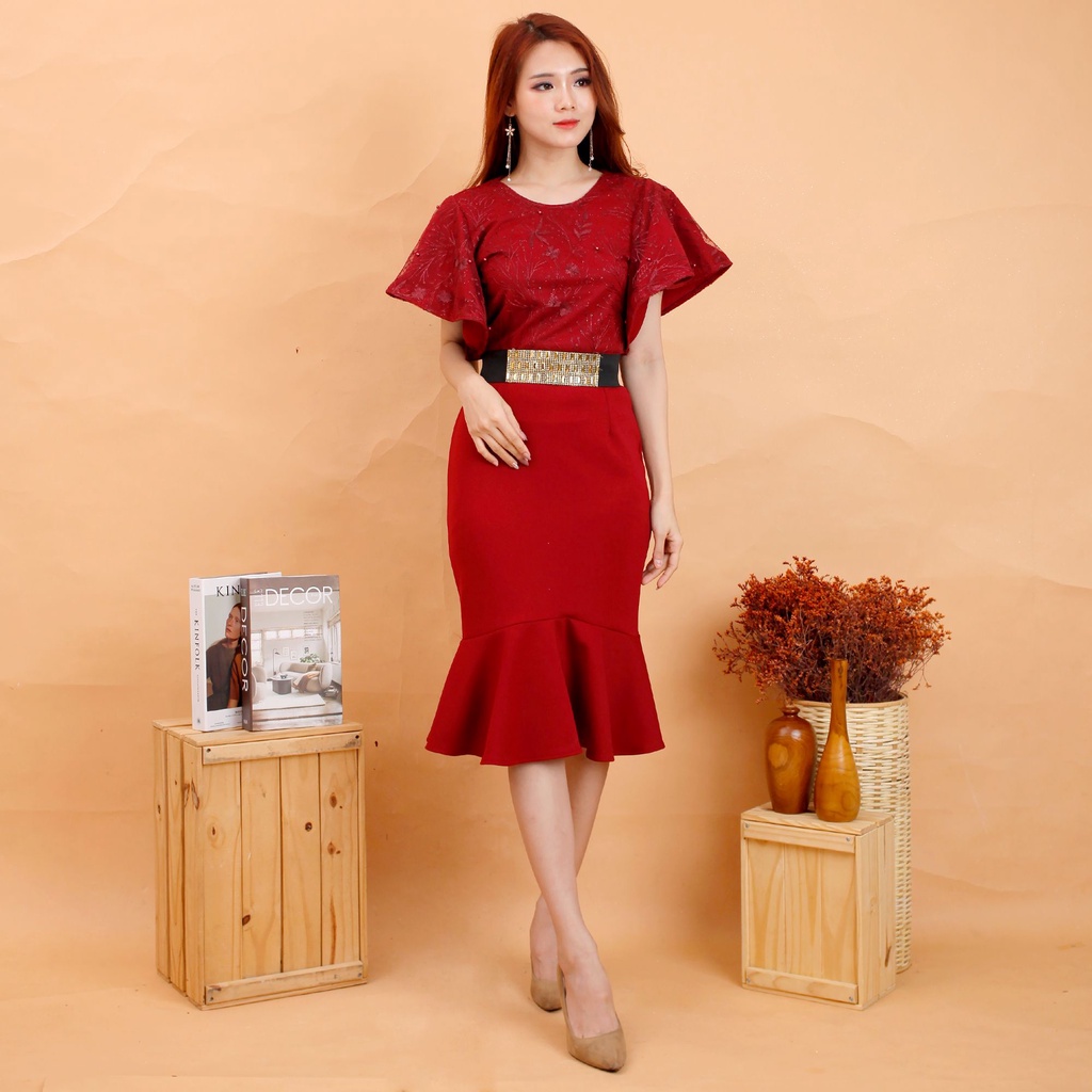 Kathryn collection #4011 , Dres duyung scuba import kombinasi tile bordir gliter mutiara free belt