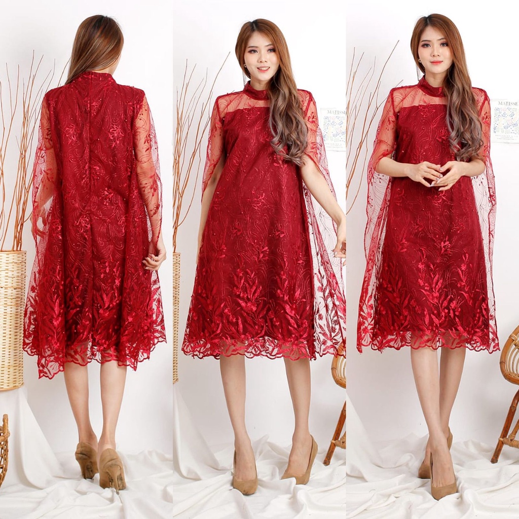 (Pasti RealPict) Dress Gretha Brukat Tile Bordir Gliter Tulle Brokat Dres Pesta Mewah Tille Murah