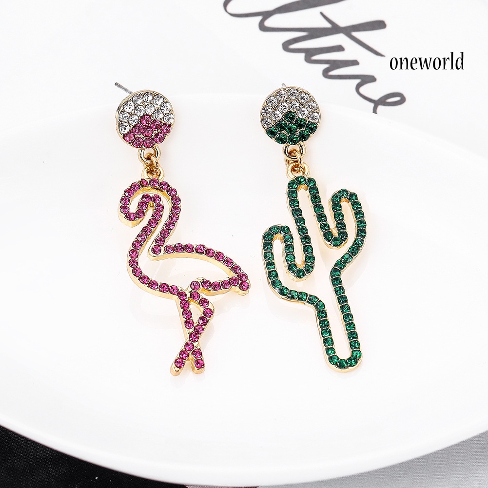 OW# Women Hollow Rhinestone Cactus Flamingo Dangle Asymmetric Stud Earrings Jewelry