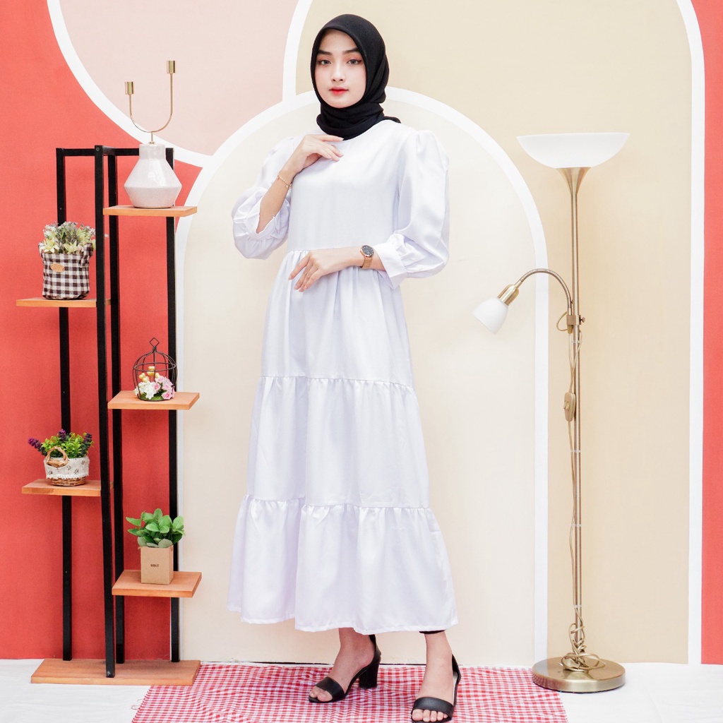 [ COD ] Andien Dress S M L XL | Fashion Muslim Tangan Balon Rok Rempel | Casual Daily Kondangan OOTD