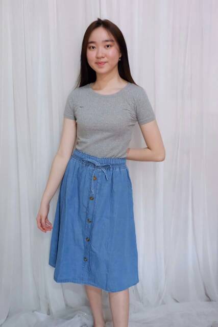 Rok Jeans wanita bahan denim kantong hidup panjang selutut bisa Cod