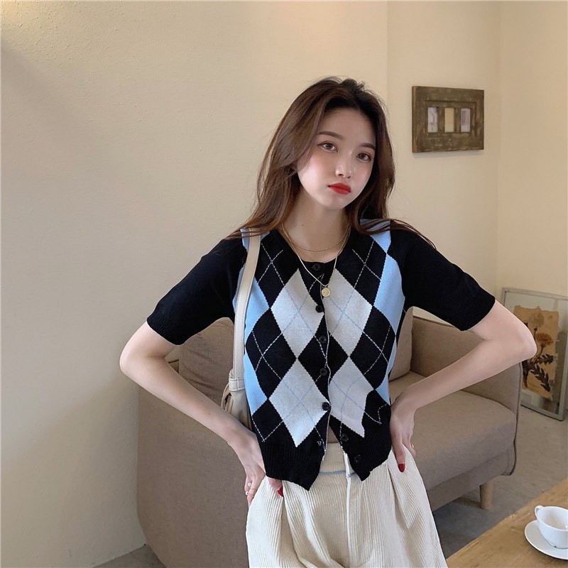 [Diskon Spesial]kardigan Rajut Korea Style crop top cardigan wanita belah ketupat print knit-hitam