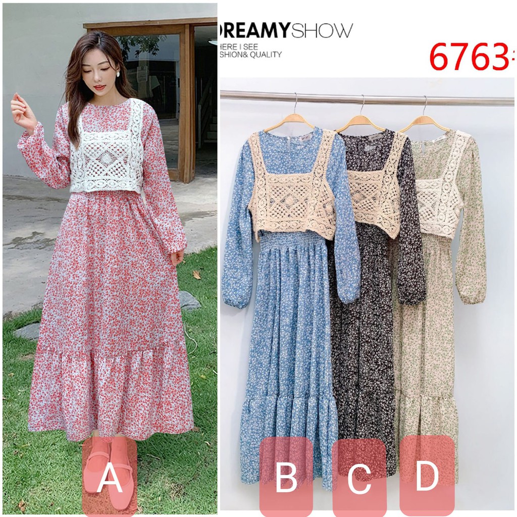 hijab loverz baju wanita Dress Flower Vest lace 2in1 Maxi bunga rompi rajut import [6762]