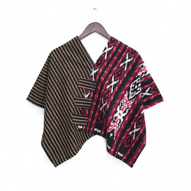 Blus Croptop Cropping Lurik Kombinasi Motif Tenun Baju Batik Kantoran Wanita Casual Formal Katun Warna-#4 (Merah)