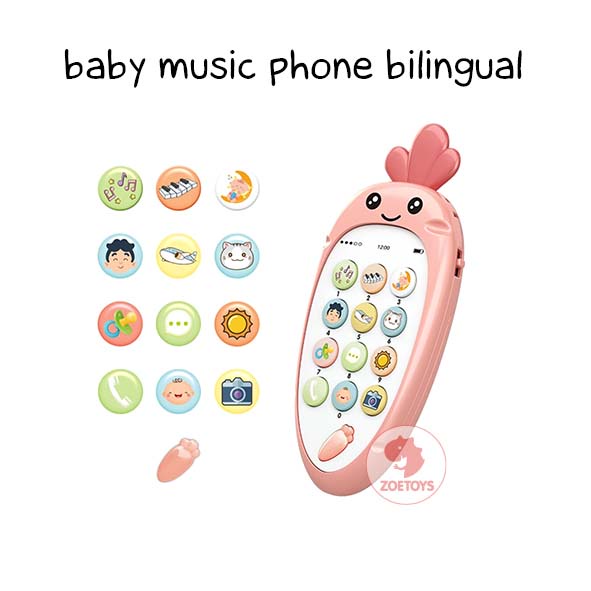 Zoetoys Baby Music Phone Bilingual | Handphone Carrot Teether Early Learning Sing Song | Telepon Kelinci Wortel Bunyi Belajar Bunyi dengan Lampu Musik Nyanyi HP Bayi | Mainan Edukasi Anak