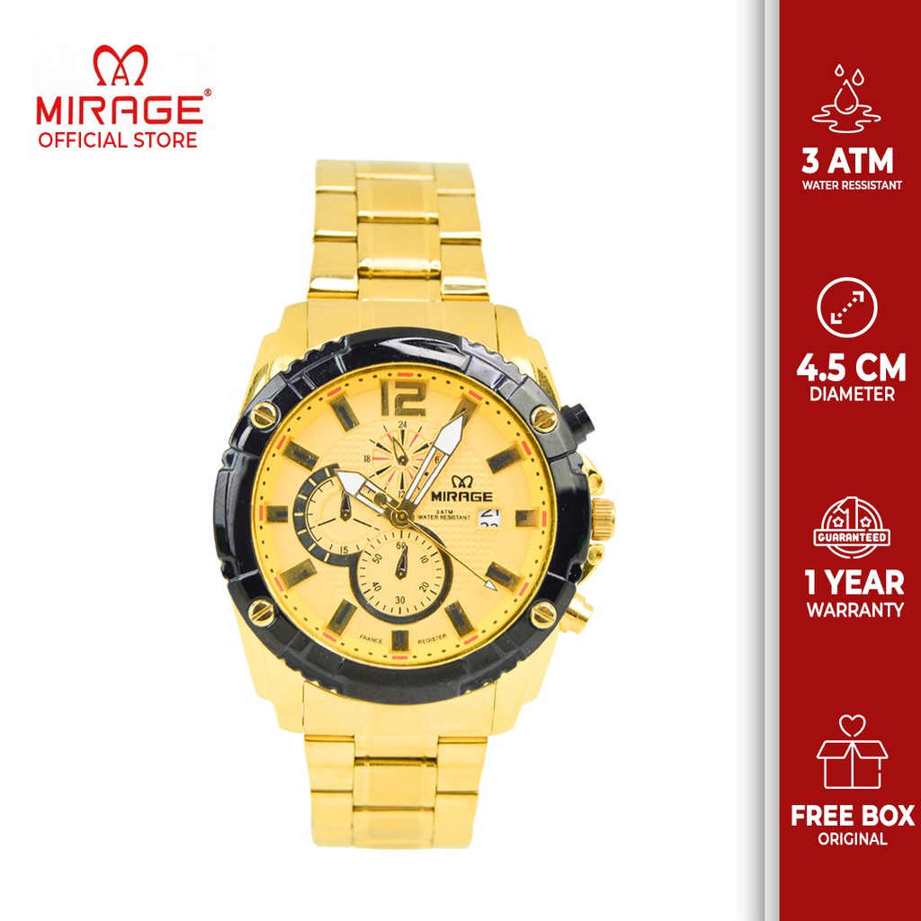 Jam Tangan Pria Mirage Trendy Sport Man Watch Mirage Original Fashion 8714 M Gold Emas Warna Awet