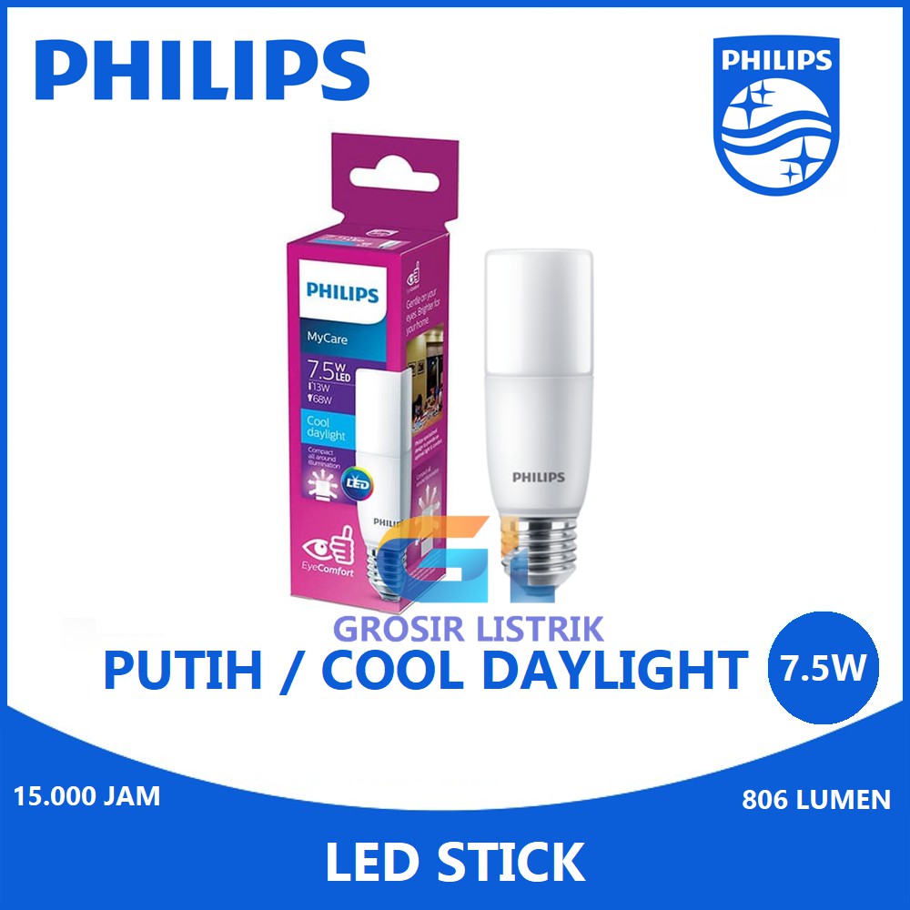 Lampu Philips LED Stick 7.5W Putih Cool Daylight 6500K (7.5 Watt 7,5W 7.5Watt) Lilin Original Grosir