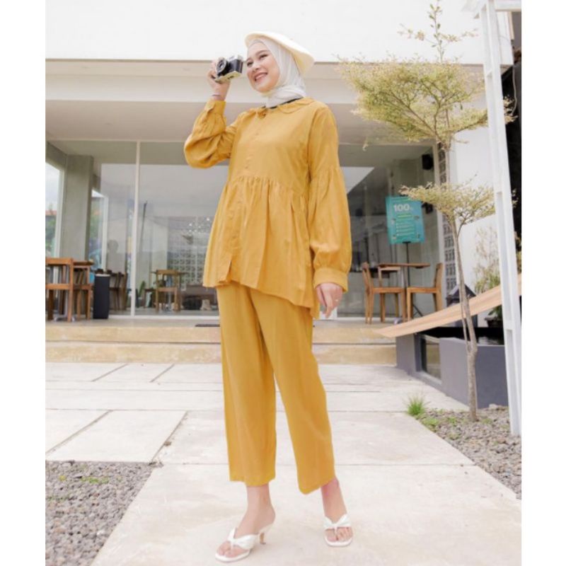 one set popy rayon viscose setelan wanita lengan penjang