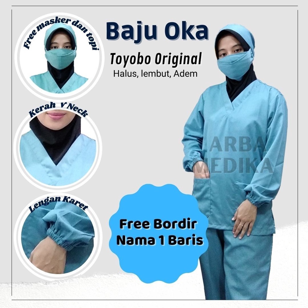 Baju Jaga OKA OK Perawat Dokter Bidan Lengan Panjang Karet FREE BORDIR TOYOBO Original