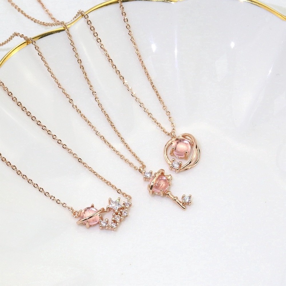 Pink Star Necklaces Pink Crystal Planet Pendant Necklace Women Simple Cute Jewelry Gifts