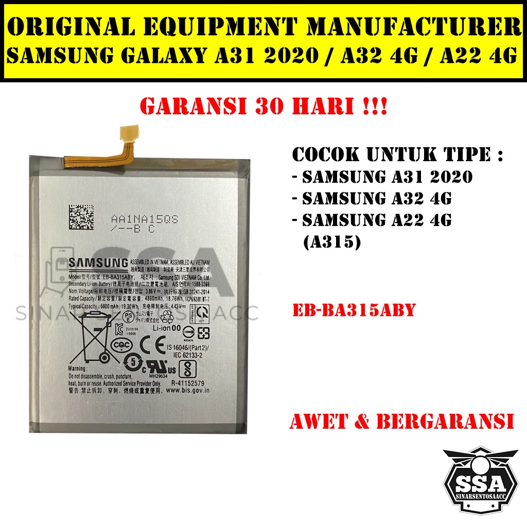 Baterai Original OEM Samsung Galaxy A31 2020 A32 4G A22 4G A315 EB-BA315ABY BA315ABY EBBA315ABY HP Ori Battery Batrai Batre Batu Batere GARANSI AWET MURAH