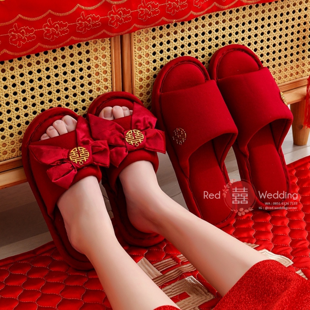 Sandal Maroon Pengatin Groom/Bride Sepatu Wedding Bahan Kain Pita dengan Shuang Xi Sanghi Emas