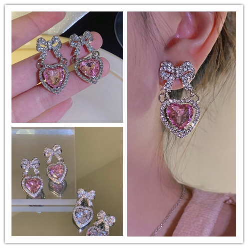 Anting Liontin Hati Besar Aksen Berlian Imitasi Warna pink Gaya retro Untuk Wanita