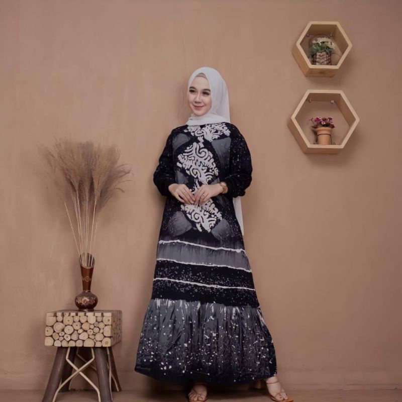 Gamis Twill Rayon Malaman Terbaru Kekinian Busui | Gamis Tiedye NEW-NA abu pw