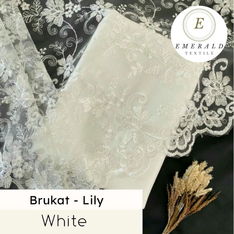 SETENGAH METER Kain Brokat Tile Prancis Bahan Kebaya Motif Lily - White ( HARGA PER 50cm KAIN )