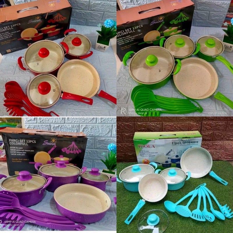 Panci Set Teflon Marble 13 pcs Cookware Set Tutup Kaca merk Tri J