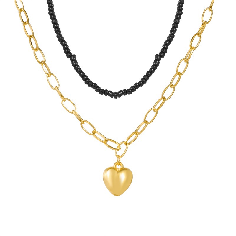 Black Bead Love Pendant Double Clavicle Chain Stacked Bead Necklace For Women