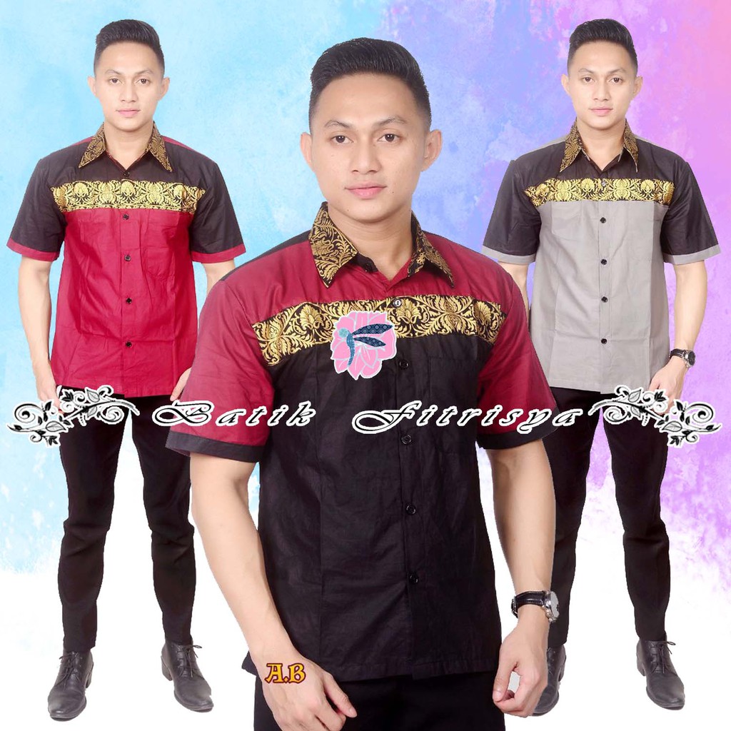 HEM KEMEJA LENGAN PENDEK BAHAN PREMIUM  MODERN KOMBINASI BATIK PRIA MURAH WARNA ABU MERAH HITAM