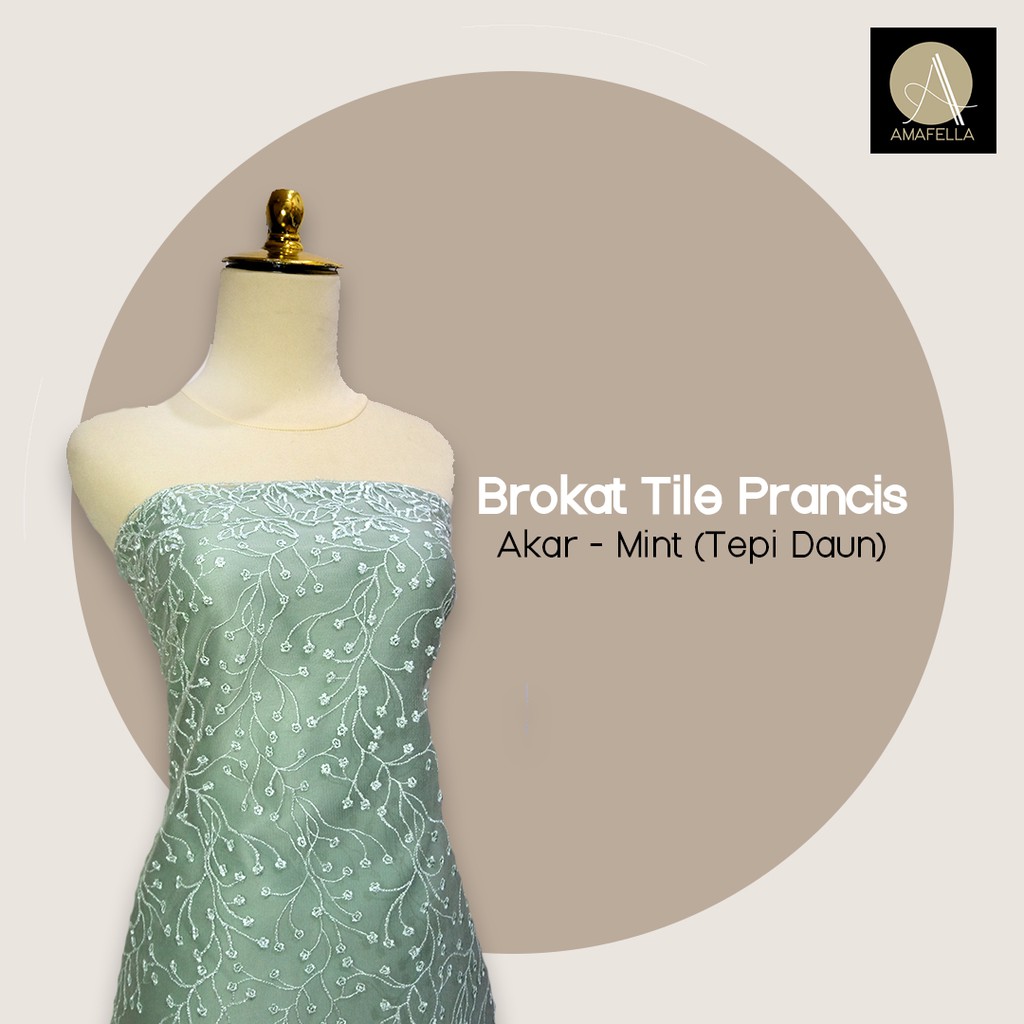 1/2 meter Kain Brokat Brukat Tile Prancis Bahan Kebaya Motif Akar Warna Light Turquoise / Mint