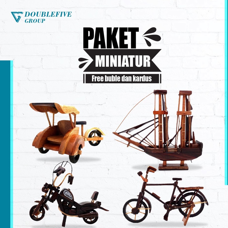 Miniature Paket C isi 4pcs - Miniatur dari kayu [Becak,Sepeda, Harley,Kapal Pinisi]