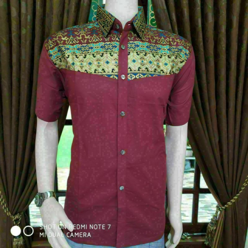 (8 motif) baju koko pria cowok warna merah maroon marun kombinasi pradaa emas M L XL LEBARAN PENDEK