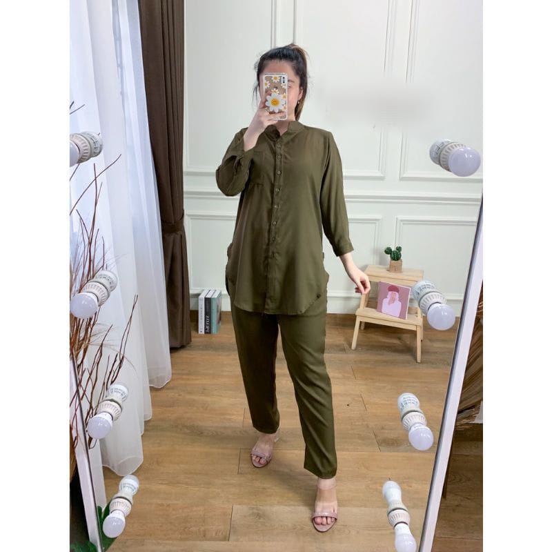 Setelan Celana Wanita Hana Set Crinkle Airflow One Set Kemeja Polos Piyama Pajamas Terbaru