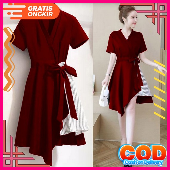Dress Span Scuba Polos Lengan Tile Dress Natal Baju Ke Gereja Dres Pesta Sl 25588 Dress Wanita Kekin