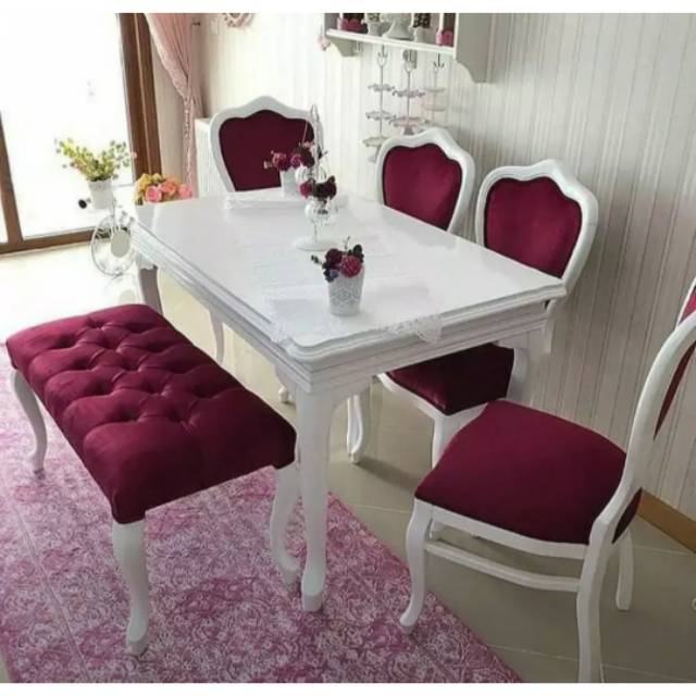 1 set meja makan + 4 unit kursi + sofa stool panjang smoke