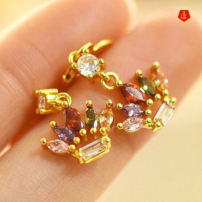 [Ready Stock]18K Gold Crowns Colored Gemstone Earrings Simple Personality