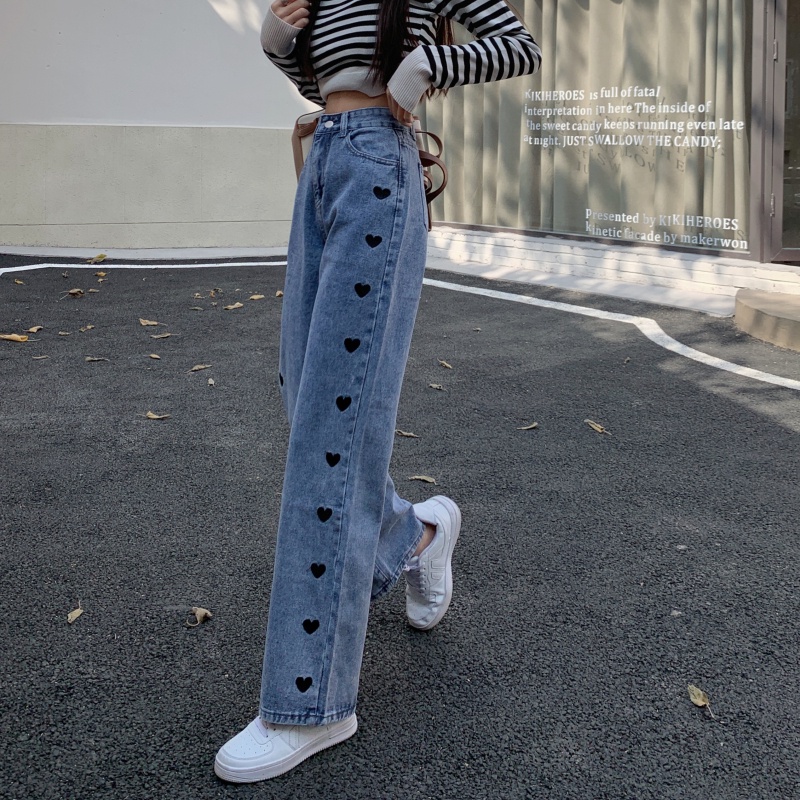 korea style Boyfriend Jeans highwaist loose celana kaki lebar lurus heart embroidery jeans wanita celana jeans