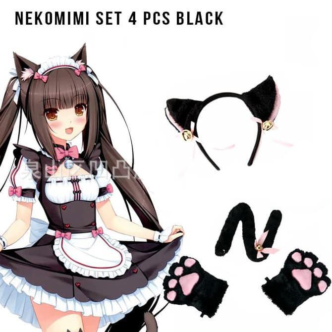 Black Nekomimi Set 4 Pcs Cat Kucing Neko Paw Ear Tail Cosplay Hitam - Putih