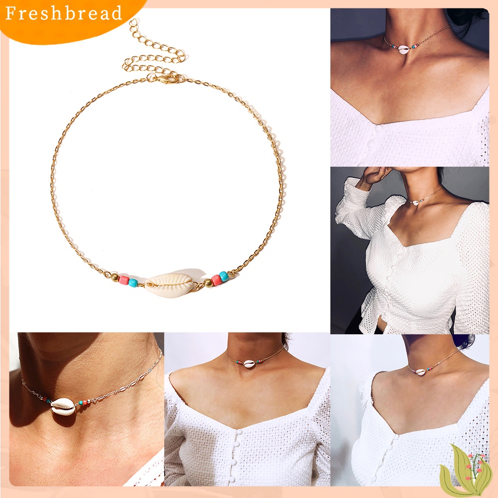 ?Fresh??Kalung Choker Rantai Simple Pendan Manik+Kerang Gaya Boho untuk Wanita