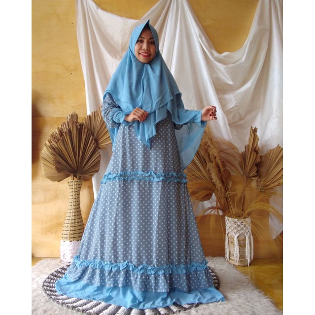 SET GAMIS SYARI BAJU MUSLIM NIKITA MOTIF POLKADOT DUA WARNA TWOTONE BUSUI JUMBO KHIMAR CERUTY MURAH