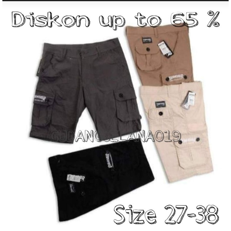 Celana cargo treser / celana cargo thrasher / celana cargo pendek original size 27-38 hitam cream-