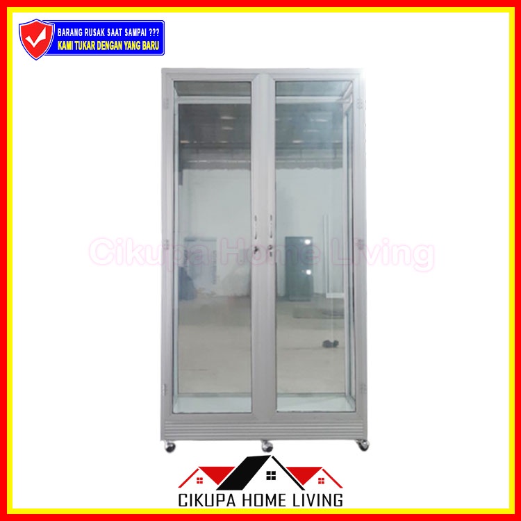 LEMARI BAJU GANTUNG ALUMINIUM KACA BENING + RODA FRAME SILVER ALUMUNIUM