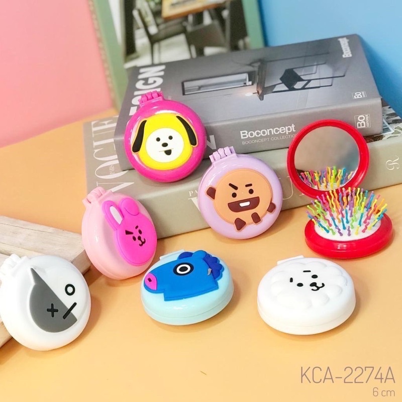 sisir + cermin lipat bt21 kpop bts sisir bulat cermin bulat travel otomatis