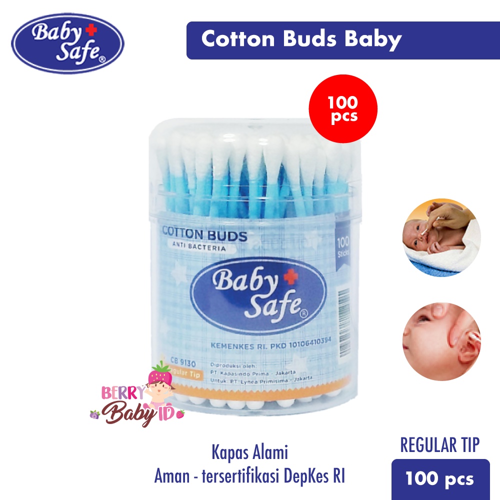 Baby Safe Cotton Buds 100 pc - Korek Kuping Kapas Regular Tip BBS009 Berry Mart