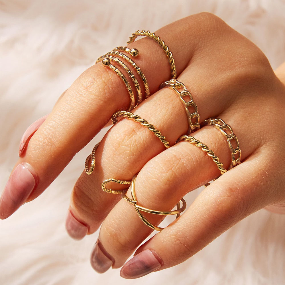 Needway  Female Punk Twisted Vintage Gold Sliver Color Finger Rings Set