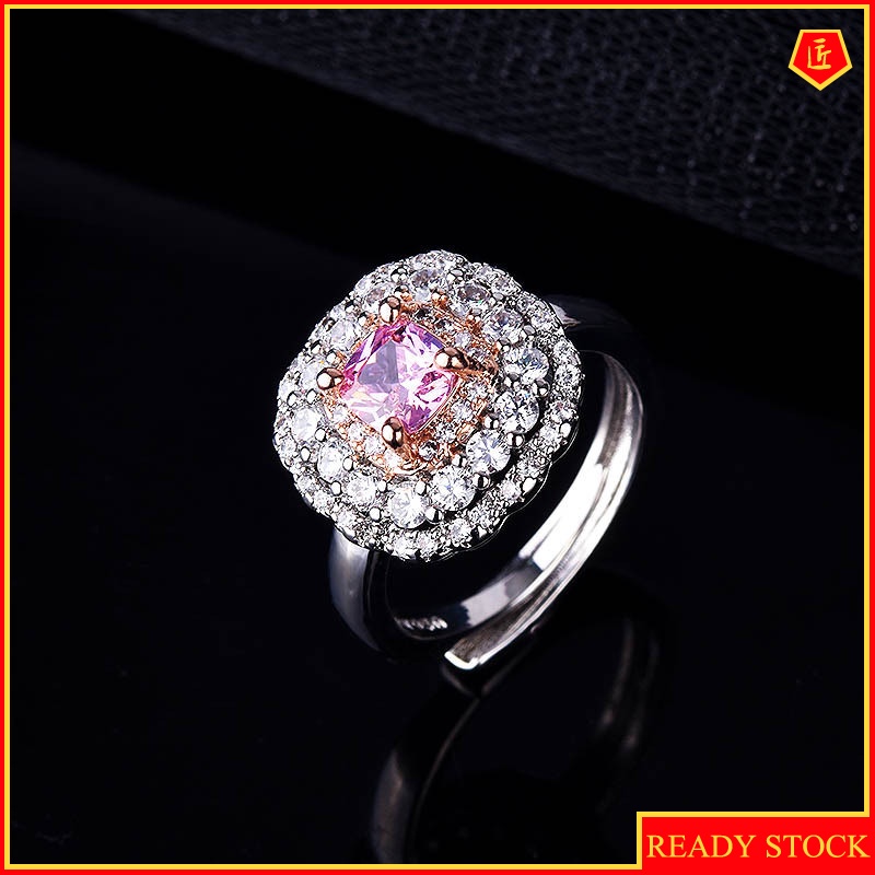 [Ready Stock]New Full Diamond Inlaid Pink Crystal Two-Tone Ring Luxury