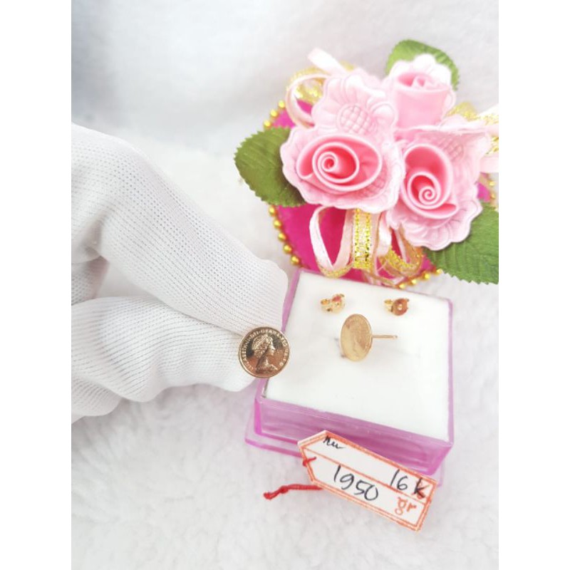 GW256L298L giwang tusuk an model koin dinar elizabeth emas kuning asli berat 1.950 kadar 70% 16k 700