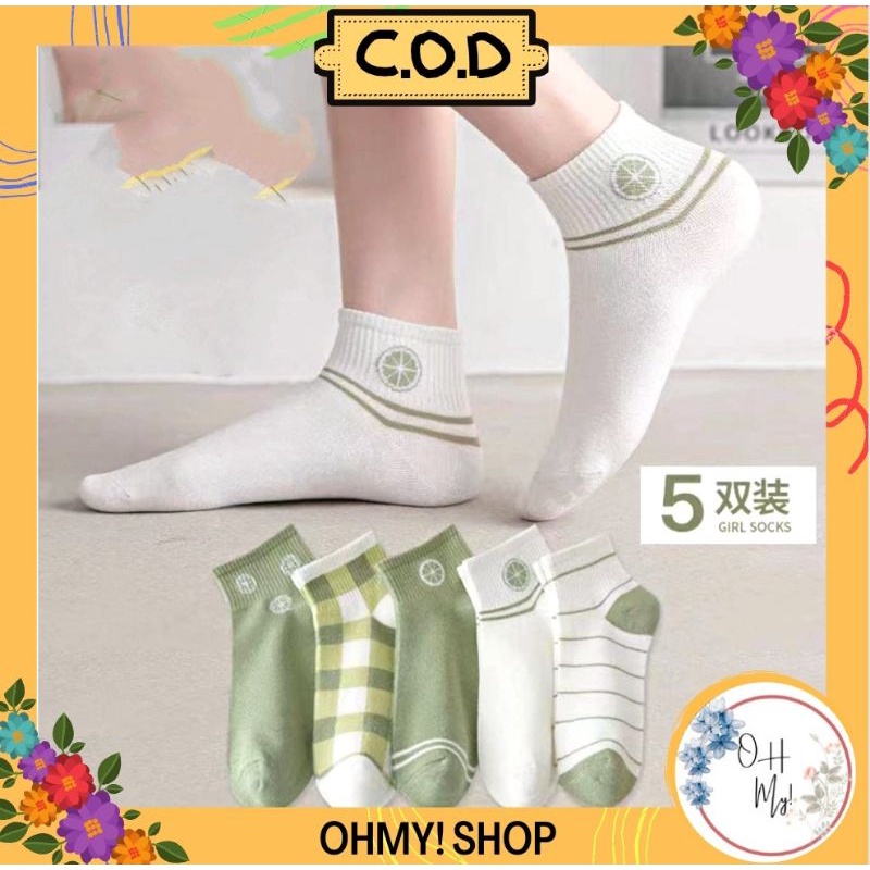 [ COD ] Kaos Kaki Wanita Motif Lemon Pendek Semata Kaki Lucu Hijau Lumut Korea Style Women Sock Import / Kaos Kaki Wanita Pendek Motif Kotak Garis-1