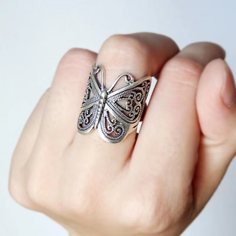 Fashion Vintage Metal Hollow Butterfly Rings For Women / Punk Gold Silver Adjustable Open Finger Ring