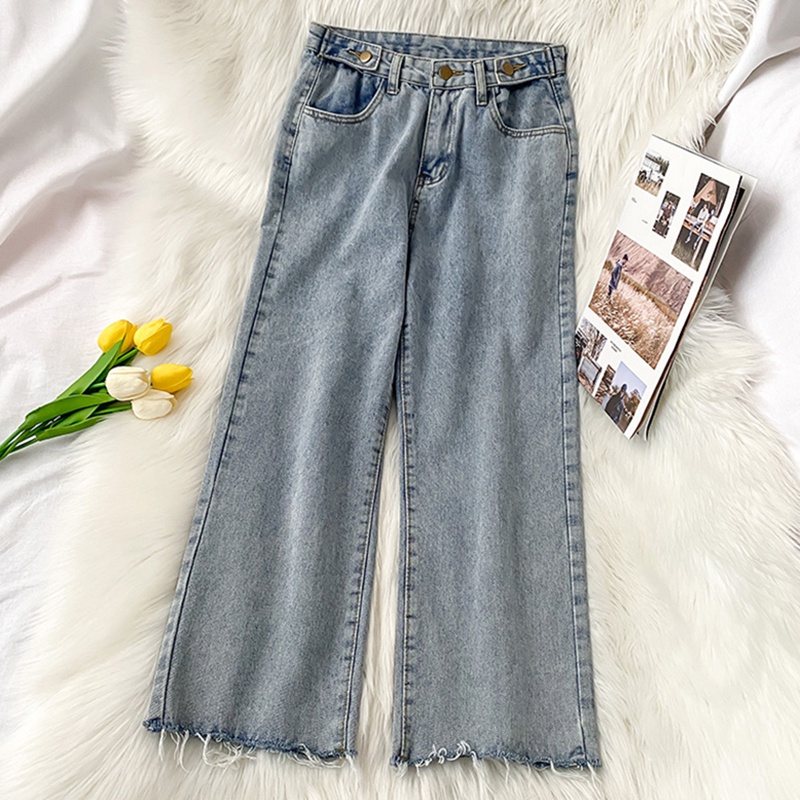 Highwaist Kulot Jeans Wanita Rawis Biru salju Celana Jeans Panjang