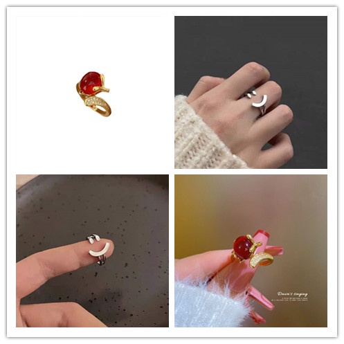 Cincin Jari Telunjuk Model Terbuka Desain Wajah Tersenyum Hias Kristalberlian Imitasizircon Merah