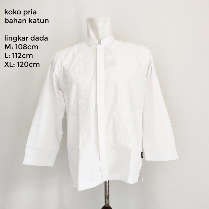 Baju koko Pria Dewasa Remaja koko pria lengan panjang katun bordir M L XL baju muslim pria - Putih M original lebaran import Kekinian