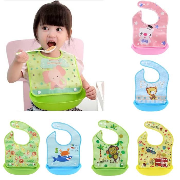 Celemek Bayi Silikon Slabber Bayi WaterProff  Anti Kotor Alas Makan Bayi Apron Bayi Celemek Makan