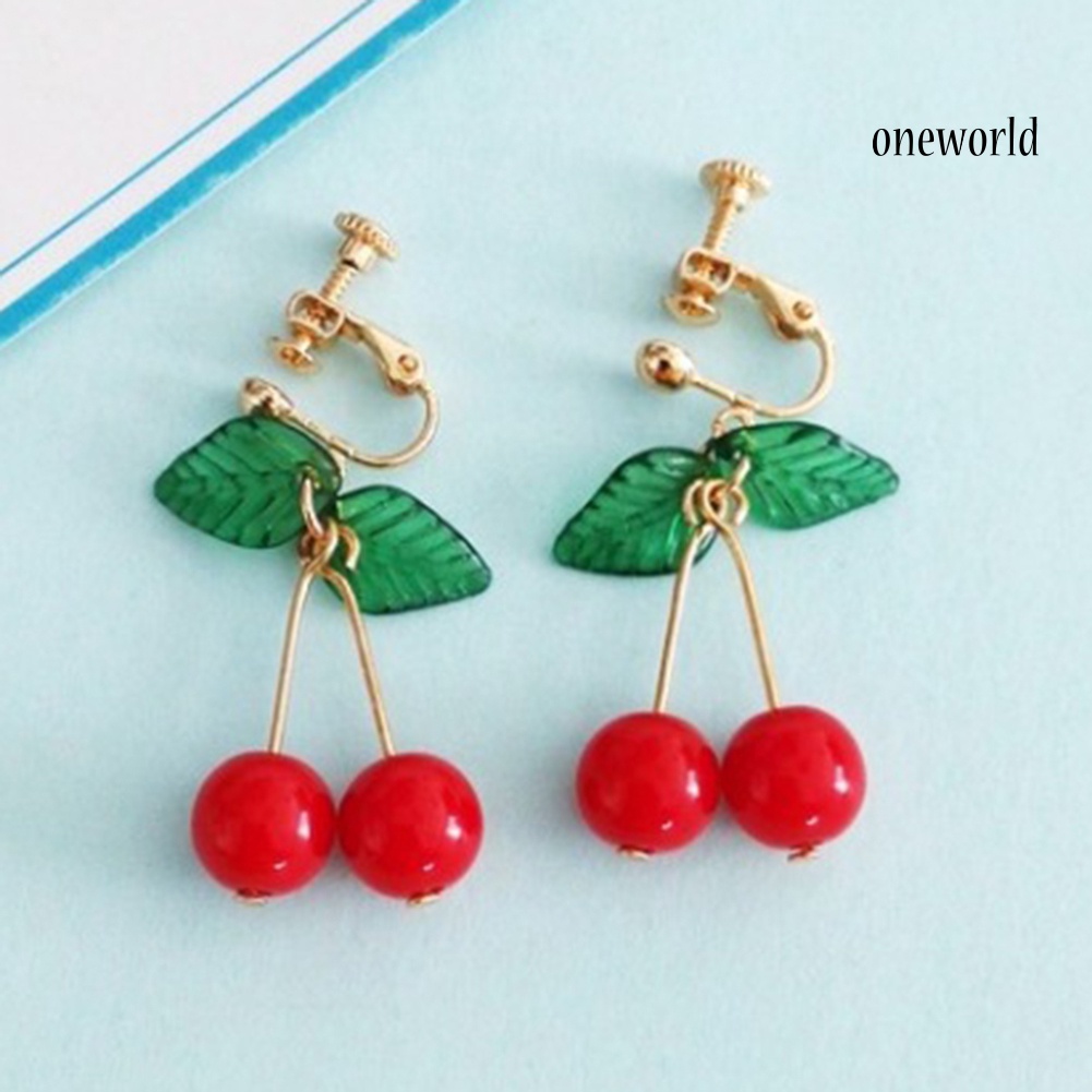 OW@ Sweet Fruit Green Leaf Red Cherry Dangle Women Ear Hook Clip Earrings Jewelry