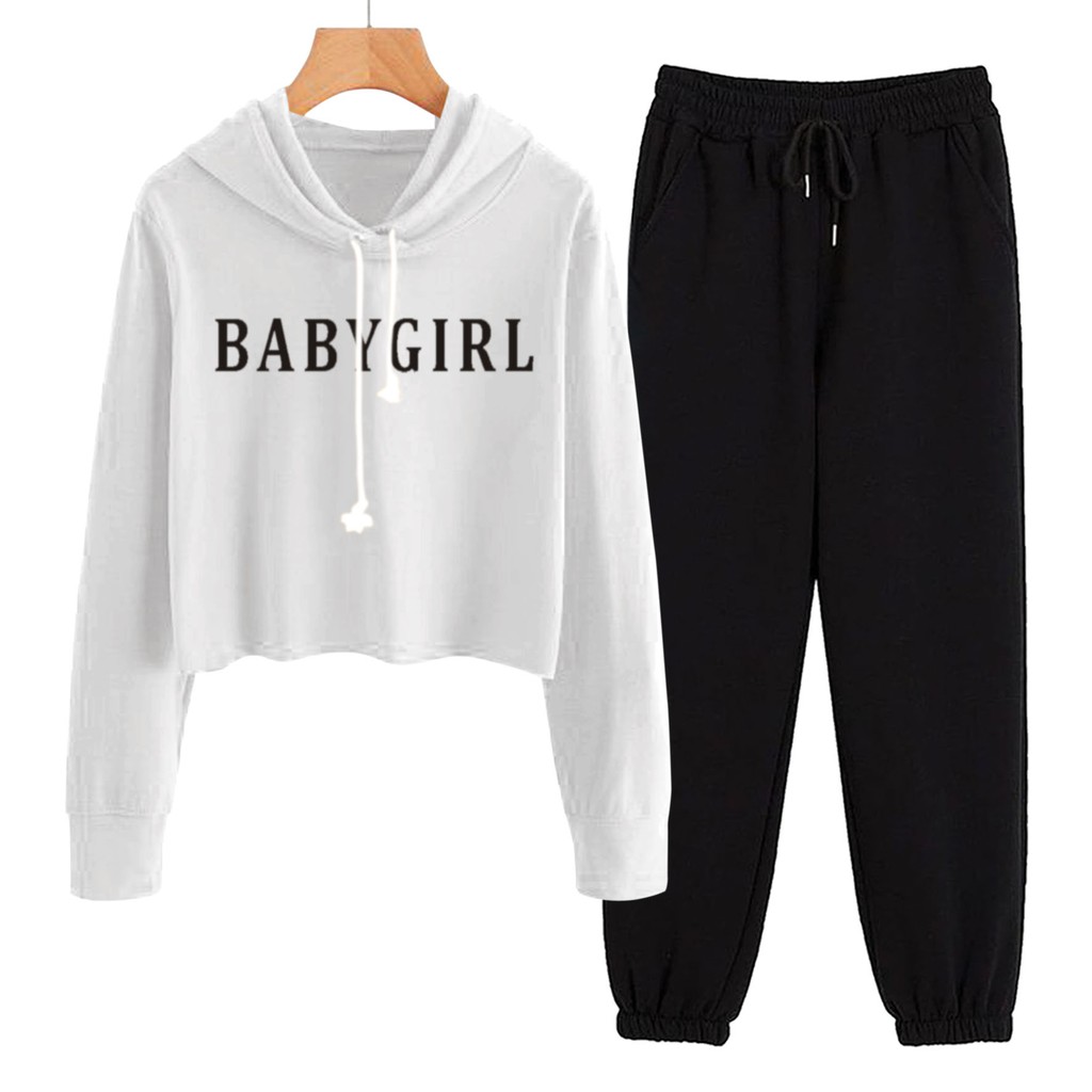 BESS - Baju Setelan Wanita Murah / Setelan Hoodie Crop + Jogger Hitam - BABYGIRL