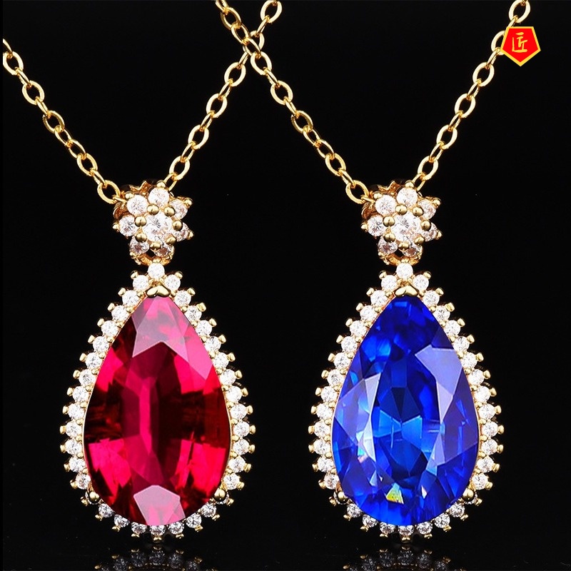 [Ready Stock]Elegant Pear-Shaped Colored Gems Pendant Gold Necklace
