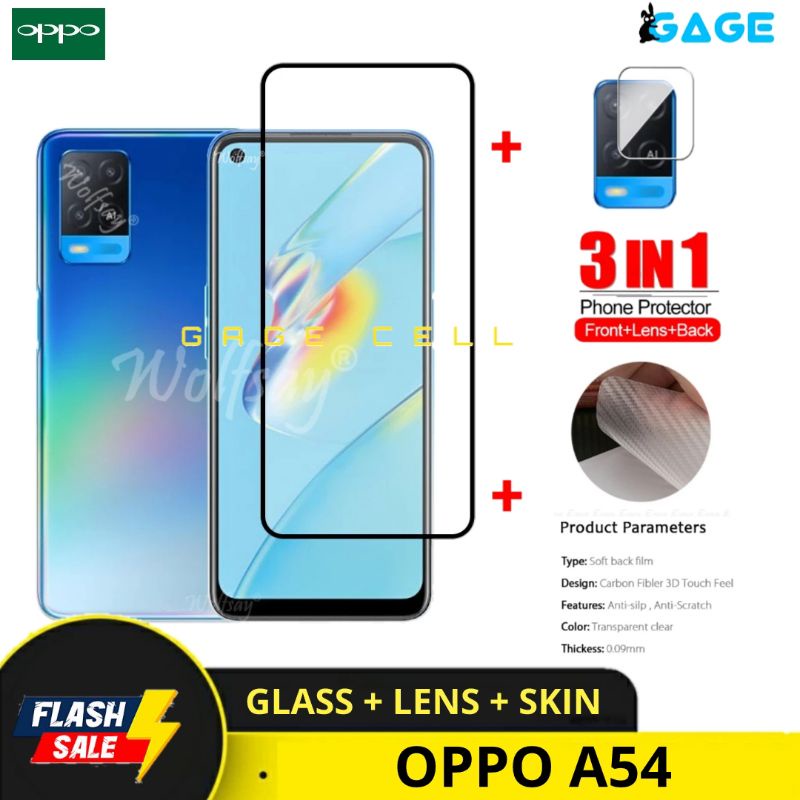 PAKET 3in1 TEMPERED GLASS SKIN CARBON OPPO A54 - TG ANTI GORES FUL LAYAR OPPO A54 SCREEN PROTECTOR